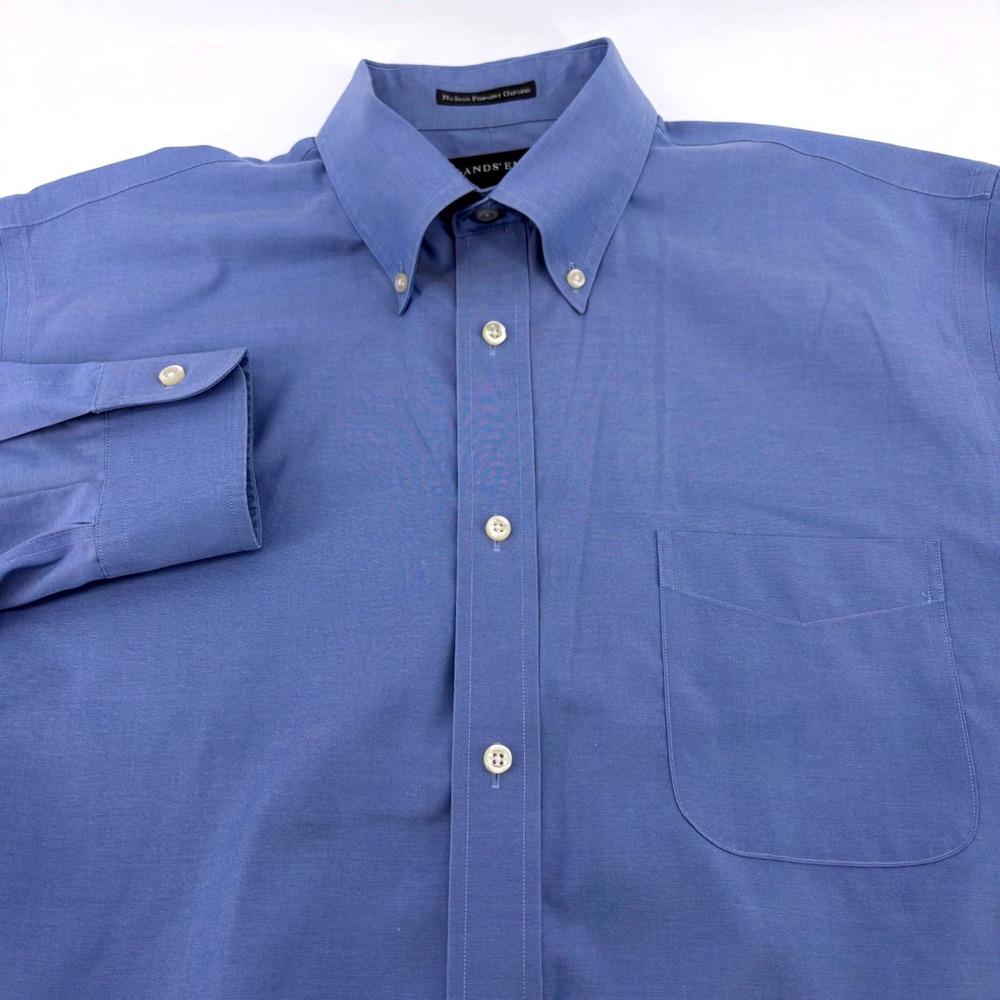 Lands End Mens 16-34 Blue No Iron Pinpoint Oxford Button Down Shirt Long Sleeve